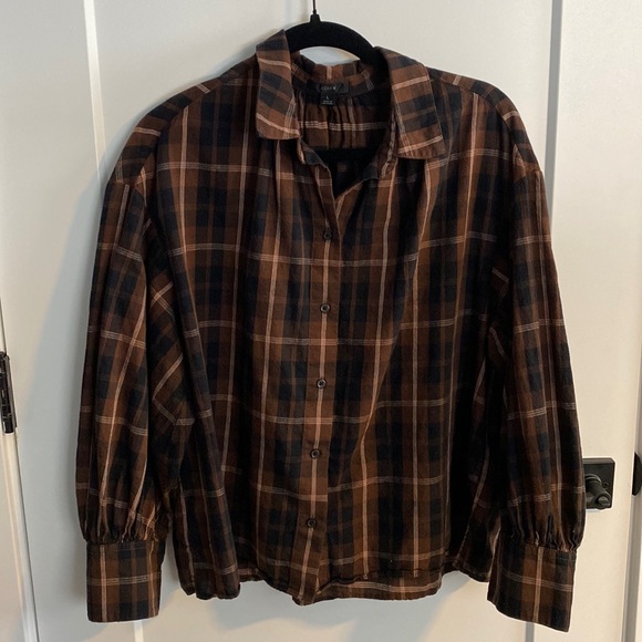 J. Crew Tops - J Crew Plaid Puff Sleeve Boxy Blouse EUC
